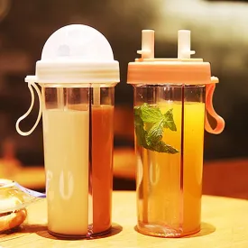 1pc 420/600ml Portable Dual Straw Separate Plastic Sport Drink Water Beverage Bottle Couples Gift Food Grade Plastic Anti-leak