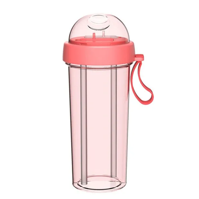 1pc 420/600ml Portable Dual Straw Separate Plastic Sport Drink Water Beverage Bottle Couples Gift Food Grade Plastic Anti-leak