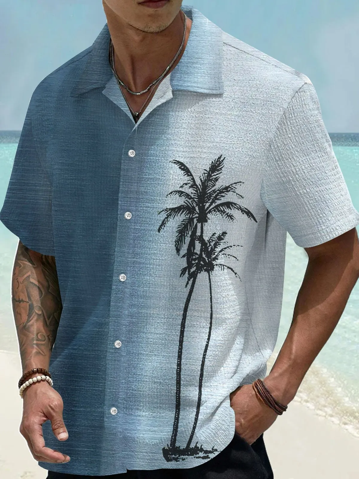 Alohadaddy Hawaiian Coconut Tree Gradient 3D Digital Print Men's Button Pocket Short Sleeve Shirt Big & Tall