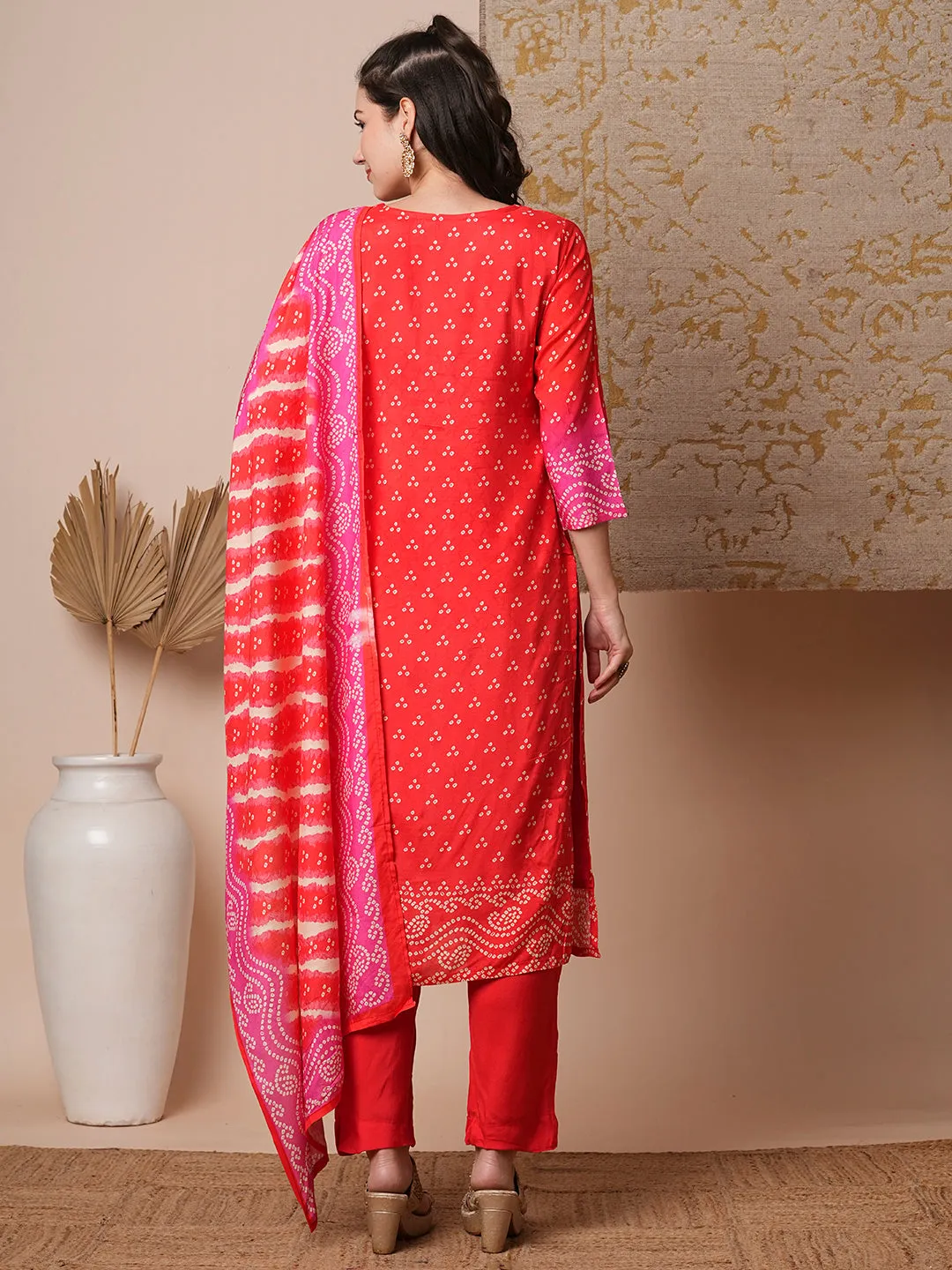 Bandhani Printed & Embroidered Straight Kurta with Pant & Dupatta - Coral Red