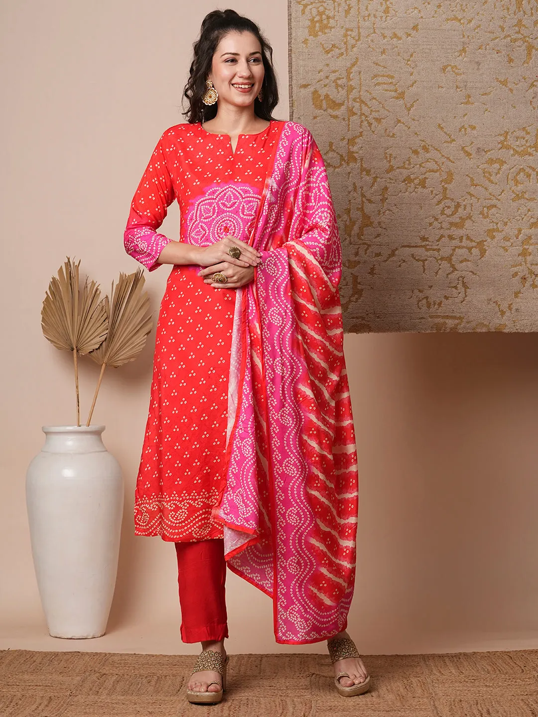 Bandhani Printed & Embroidered Straight Kurta with Pant & Dupatta - Coral Red