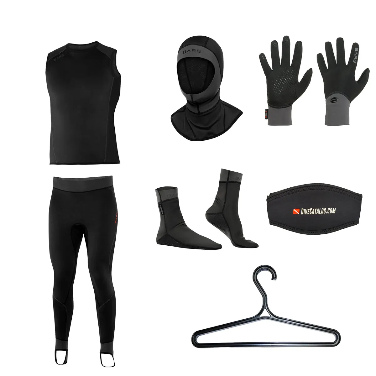 BARE Men's Exowear Vest, Pants, Hoods, Gloves, Socks Package w/ FREE Wetsuit Hanger & Mask Strap