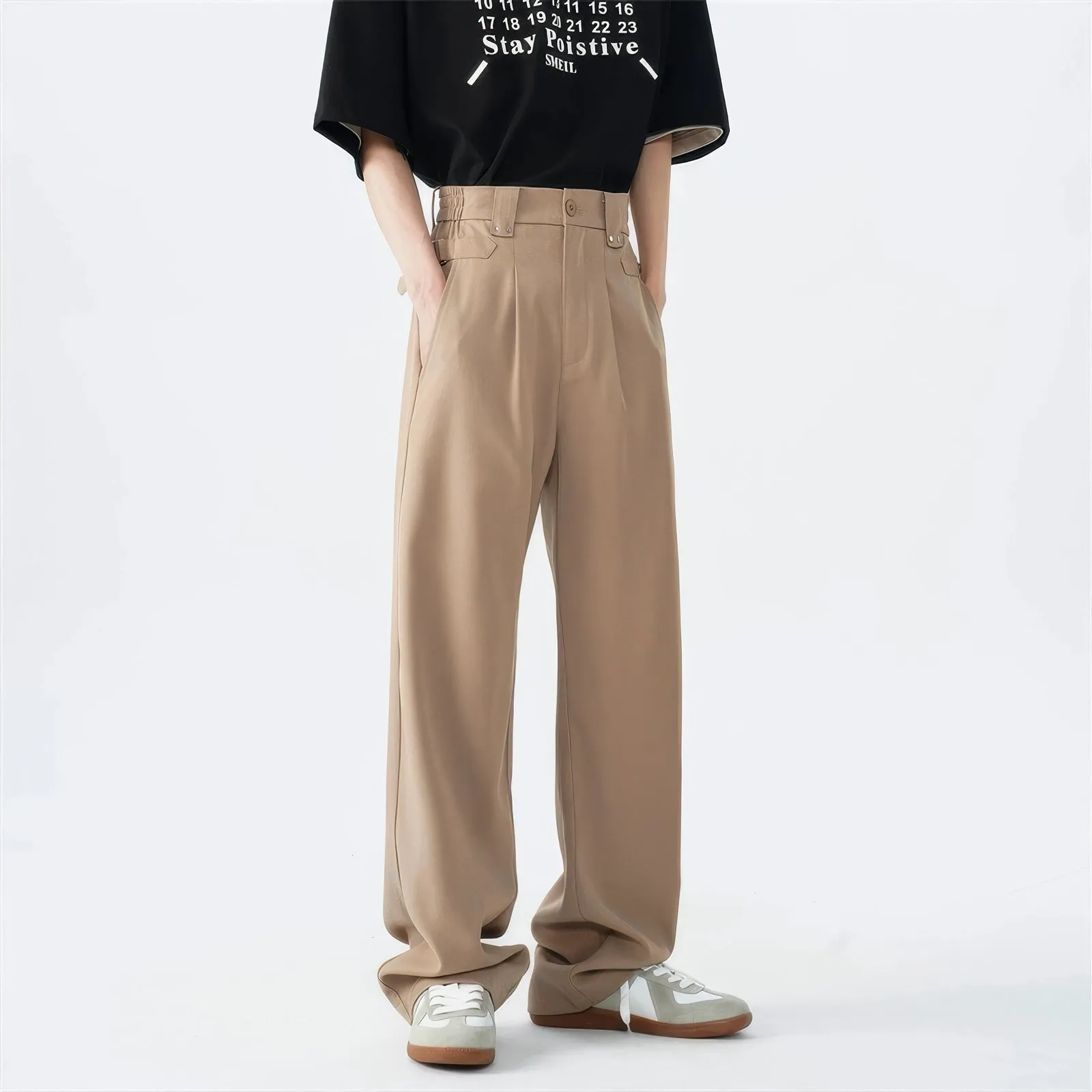 Belted Pleated Lightweight Trousers with Side Pockets