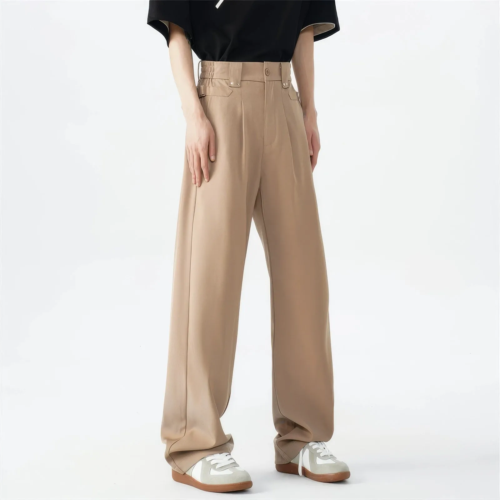 Belted Pleated Lightweight Trousers with Side Pockets