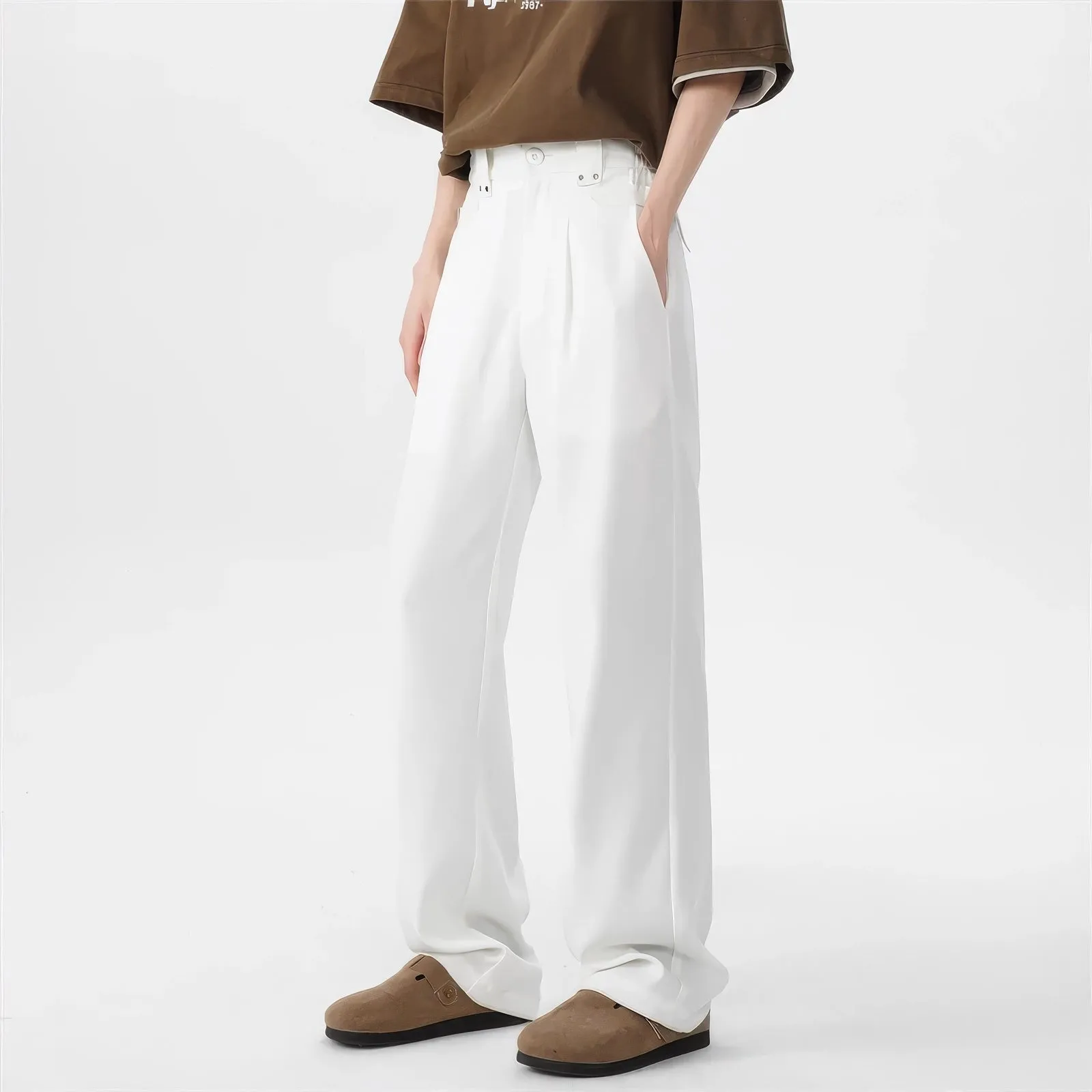 Belted Pleated Lightweight Trousers with Side Pockets