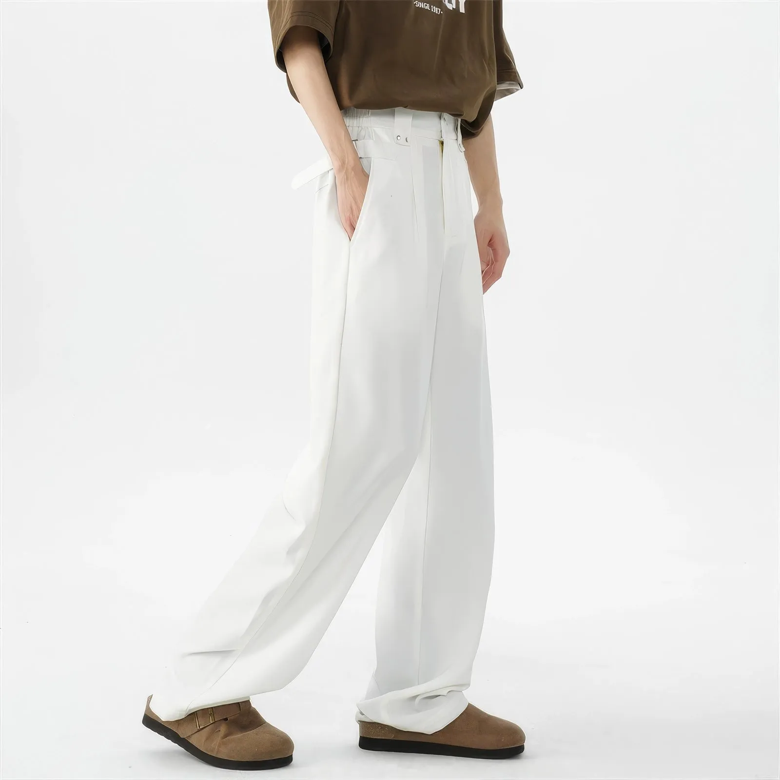 Belted Pleated Lightweight Trousers with Side Pockets