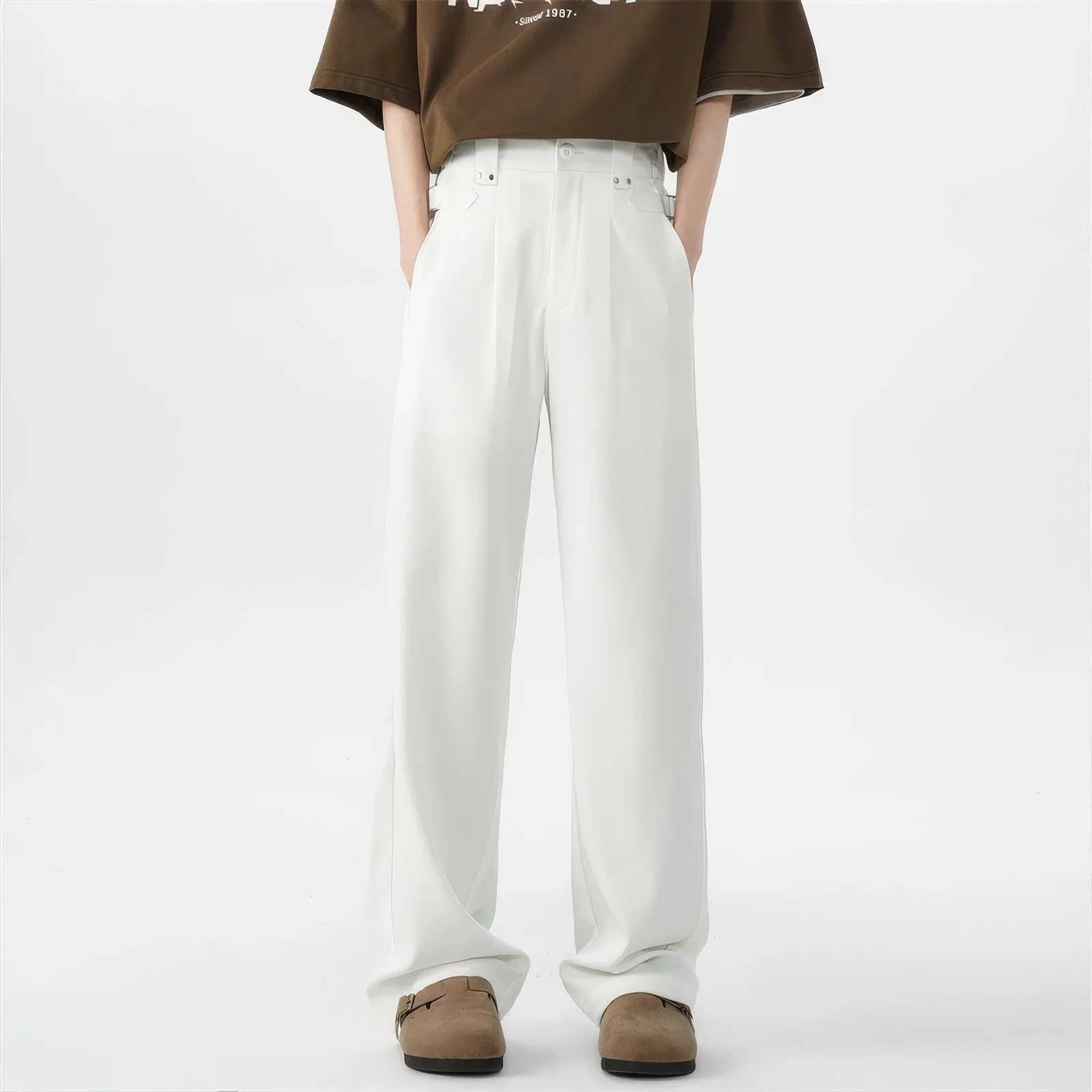 Belted Pleated Lightweight Trousers with Side Pockets