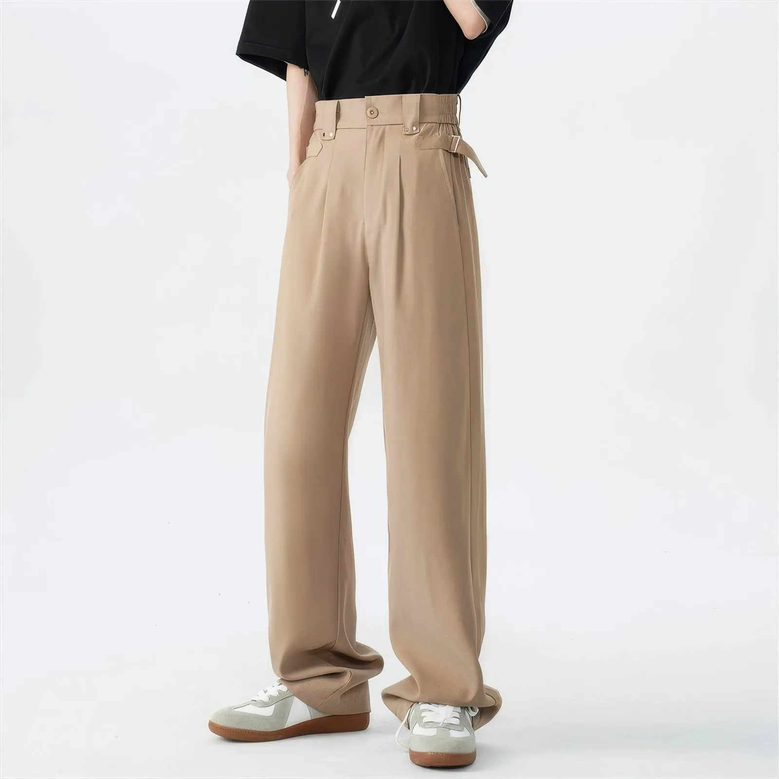 Belted Pleated Lightweight Trousers with Side Pockets