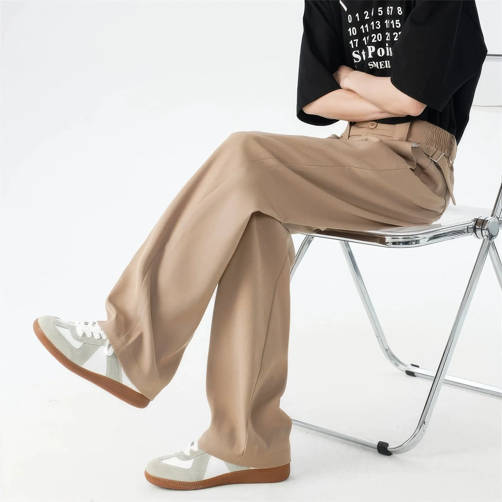 Belted Pleated Lightweight Trousers with Side Pockets