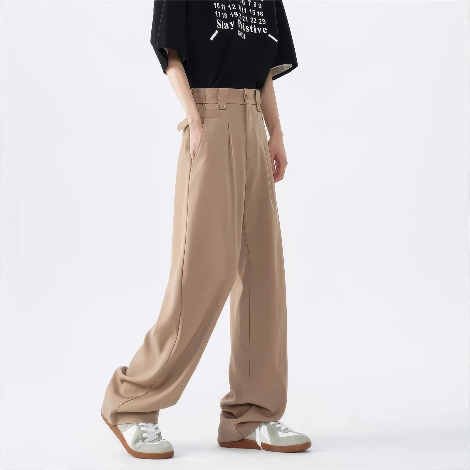 Belted Pleated Lightweight Trousers with Side Pockets