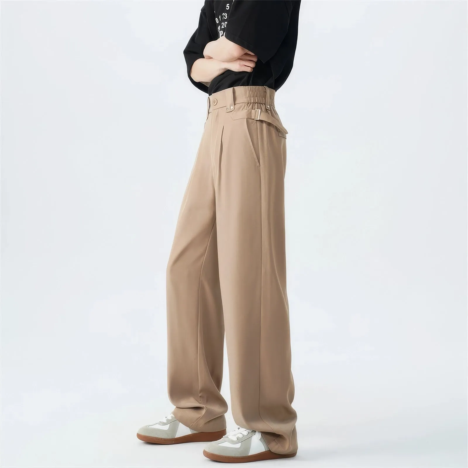 Belted Pleated Lightweight Trousers with Side Pockets