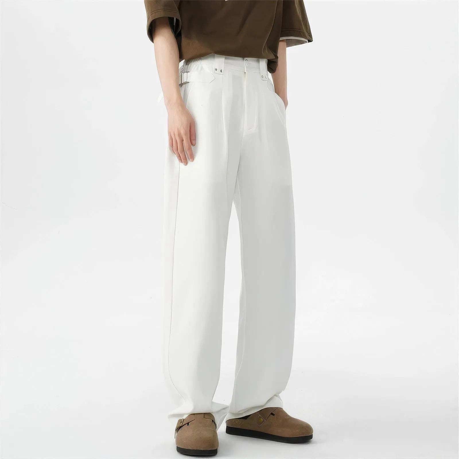 Belted Pleated Lightweight Trousers with Side Pockets