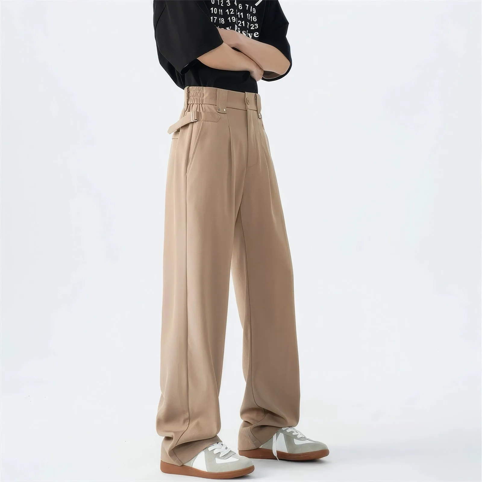 Belted Pleated Lightweight Trousers with Side Pockets