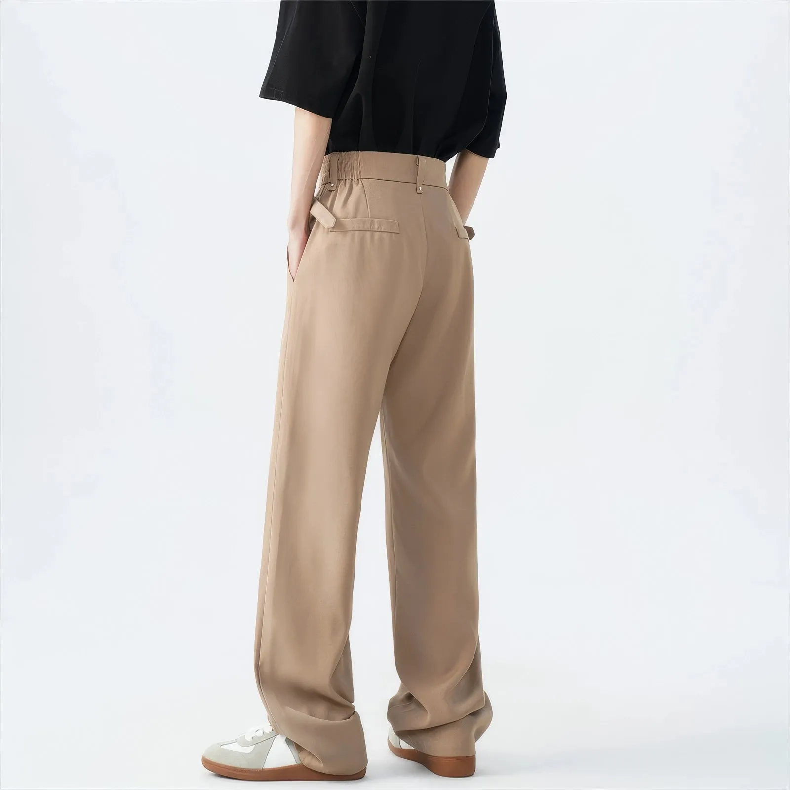 Belted Pleated Lightweight Trousers with Side Pockets