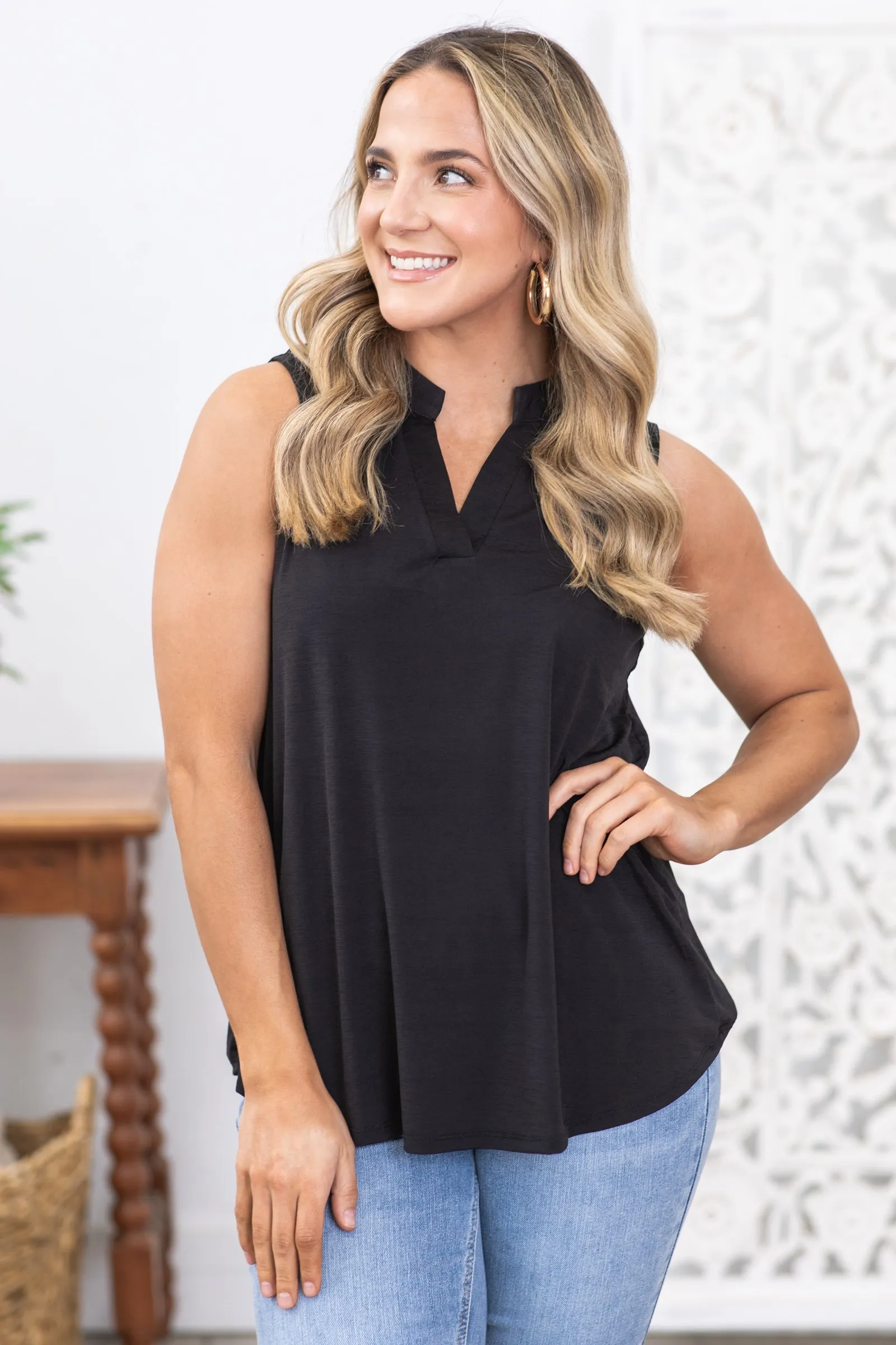 Black Sleeveless Wrinkle Free Lizzy Top