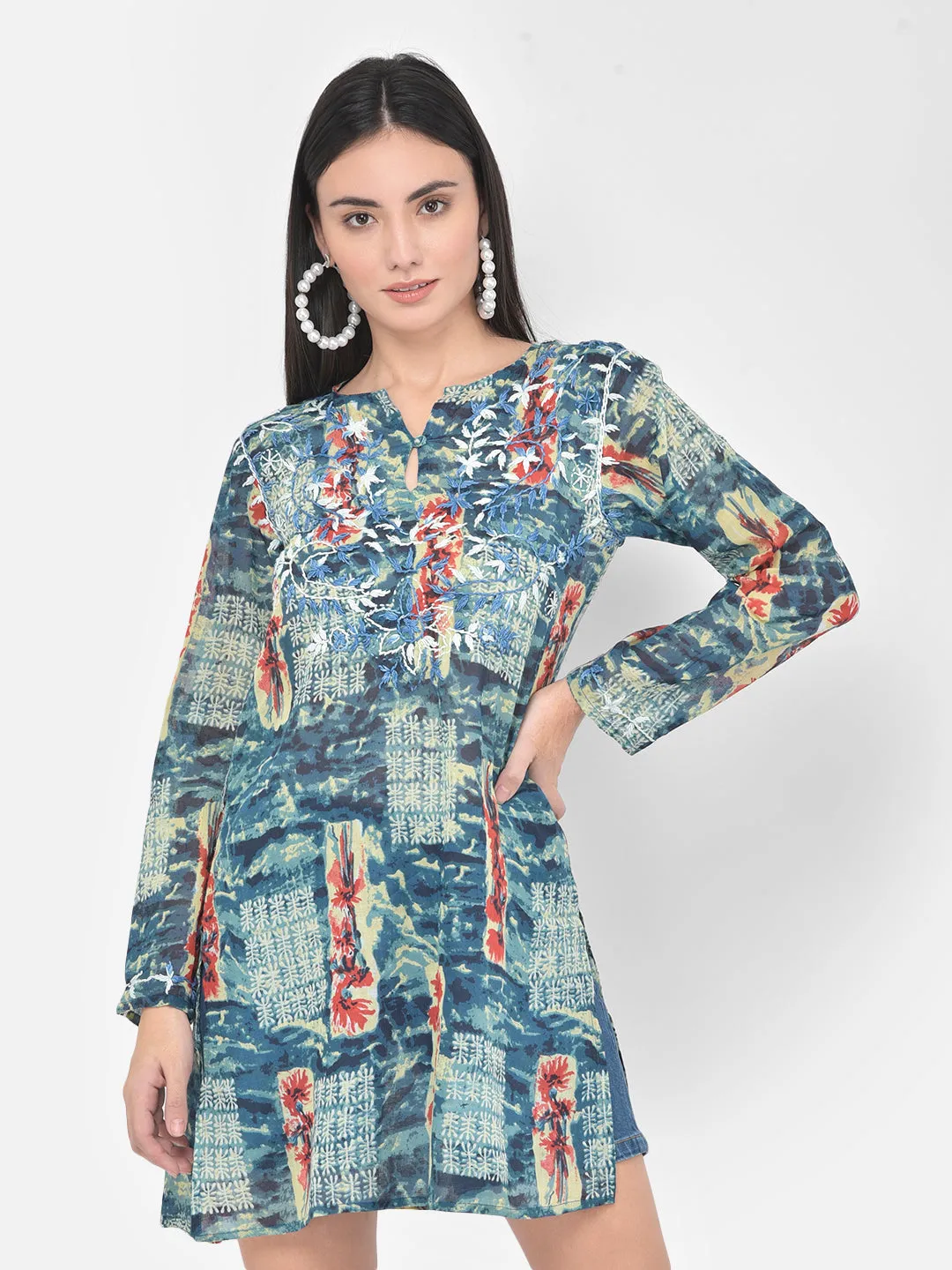 Blue printed and hand embroidered cotton tunic