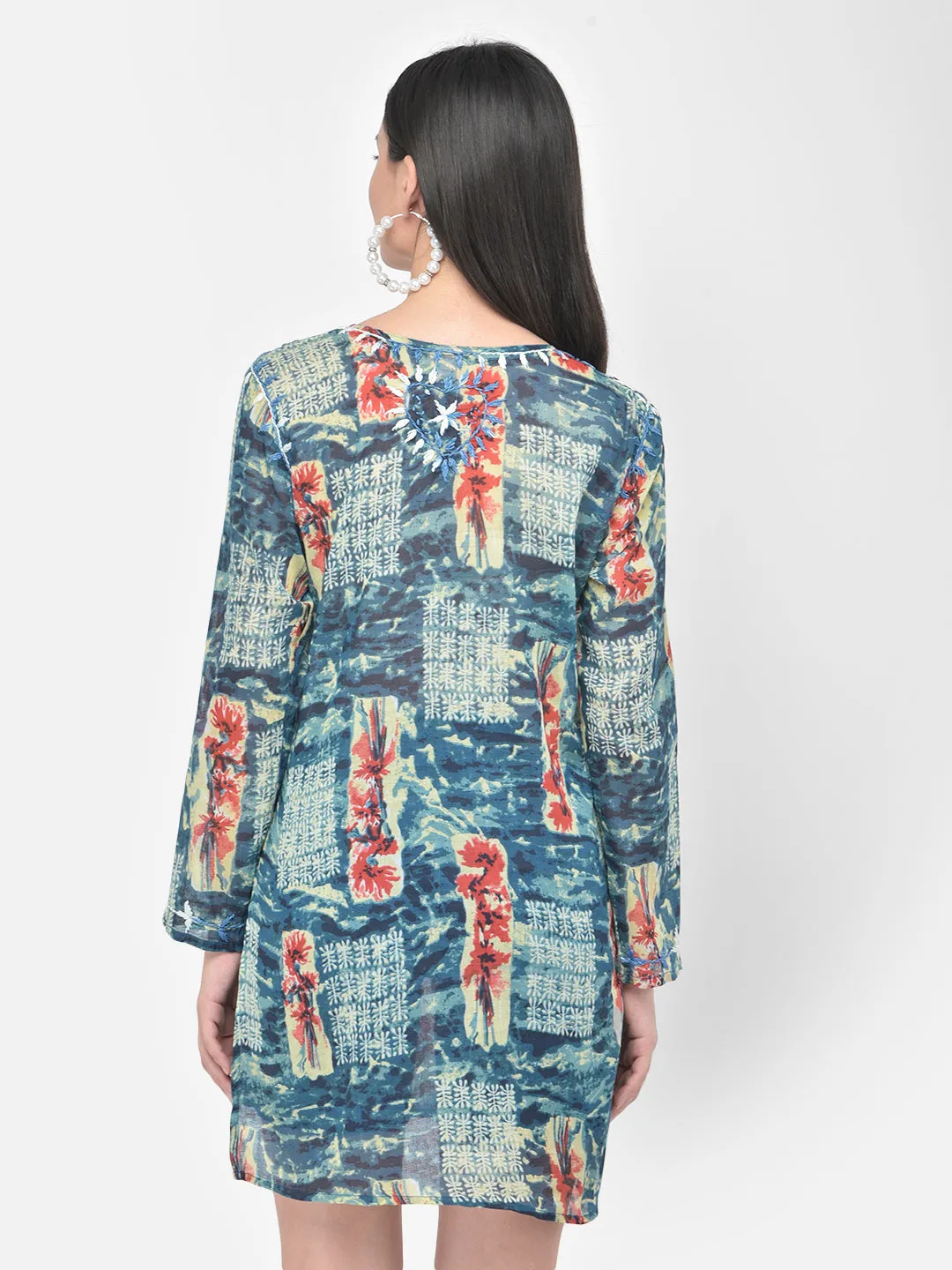 Blue printed and hand embroidered cotton tunic