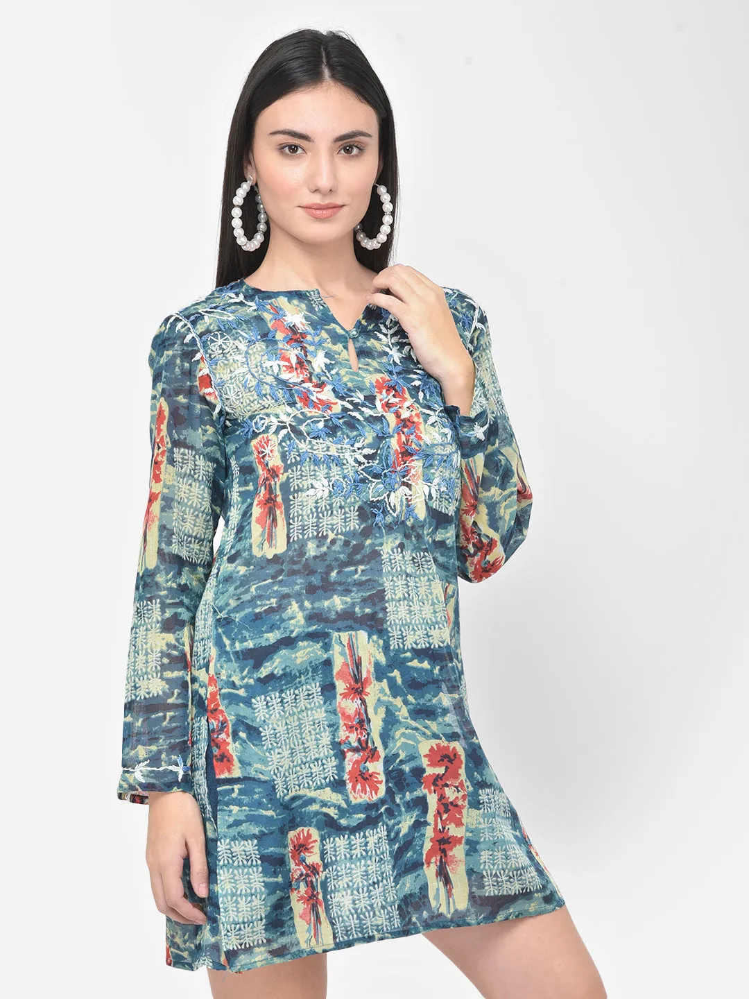 Blue printed and hand embroidered cotton tunic