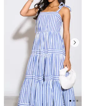 Blue Stripe Print Comfort Cotton Blend Midi Dress