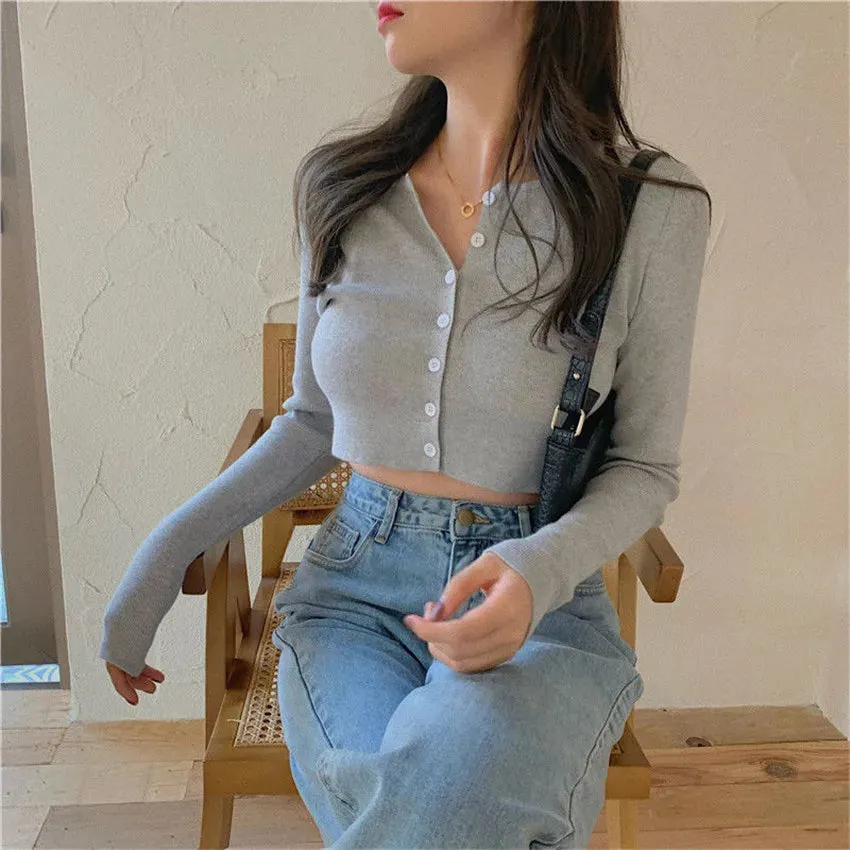 Bonnyshow Korean Style O-neck Short Knitted Sweaters Women Thin Cardigan Fashion  Sleeve Sun Protection Crop Top Ropa Mujer