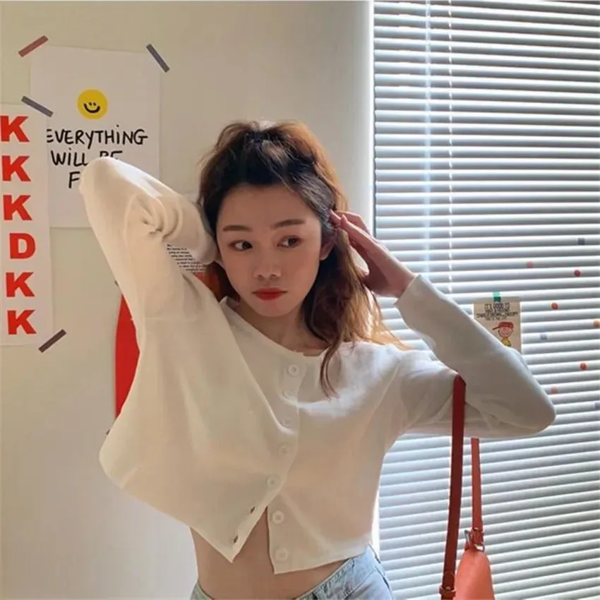 Bonnyshow Korean Style O-neck Short Knitted Sweaters Women Thin Cardigan Fashion  Sleeve Sun Protection Crop Top Ropa Mujer