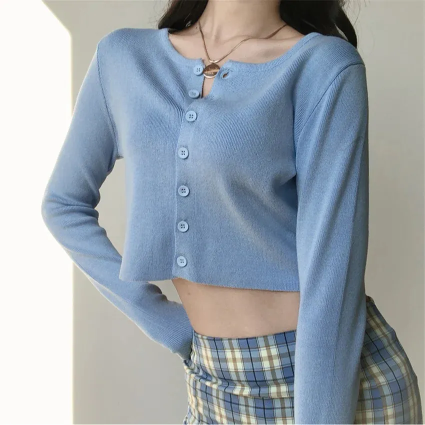 Bonnyshow Korean Style O-neck Short Knitted Sweaters Women Thin Cardigan Fashion  Sleeve Sun Protection Crop Top Ropa Mujer