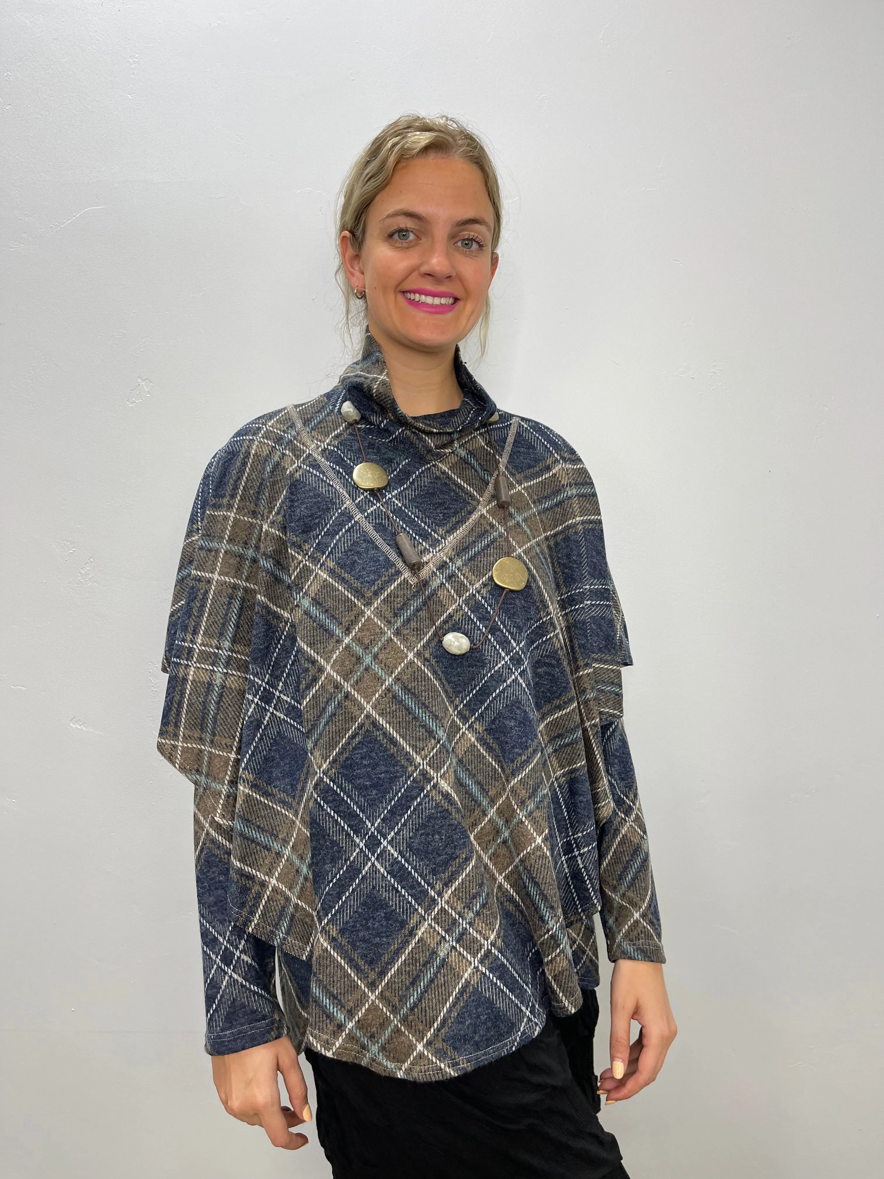 Brown and Navy Plaid Long Sleeve Tunic