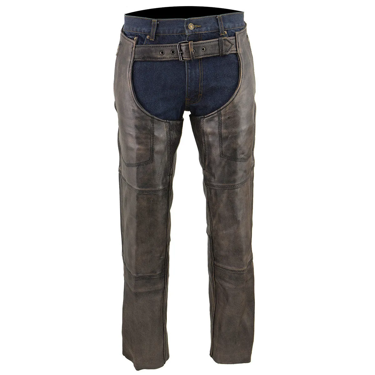 Brown MLM5500BGE Distressed Brown Leather Snap Out Thermal Lined 4-Pockets Motorcycle Chap