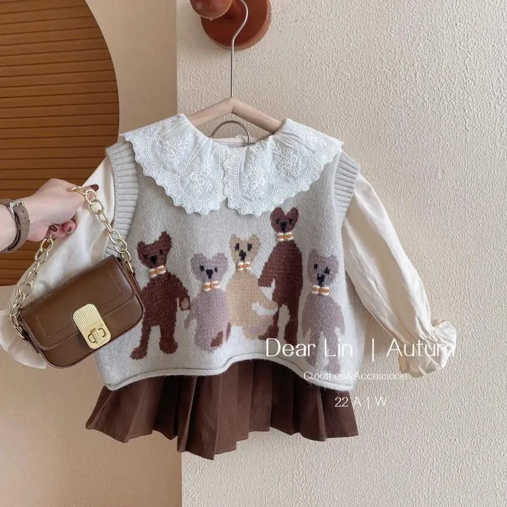 Charming 3-Piece Girls' Outfit Set: Knitted Vest, Lace Collar Blouse, and Pleated Skirt for Infants