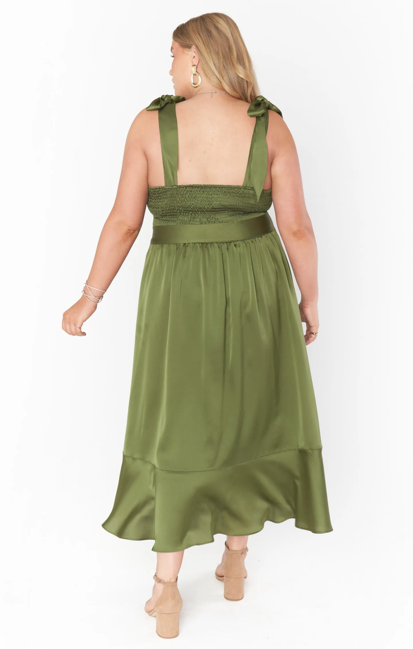 Claire Midi Dress ~ Rich Olive Luxe Satin