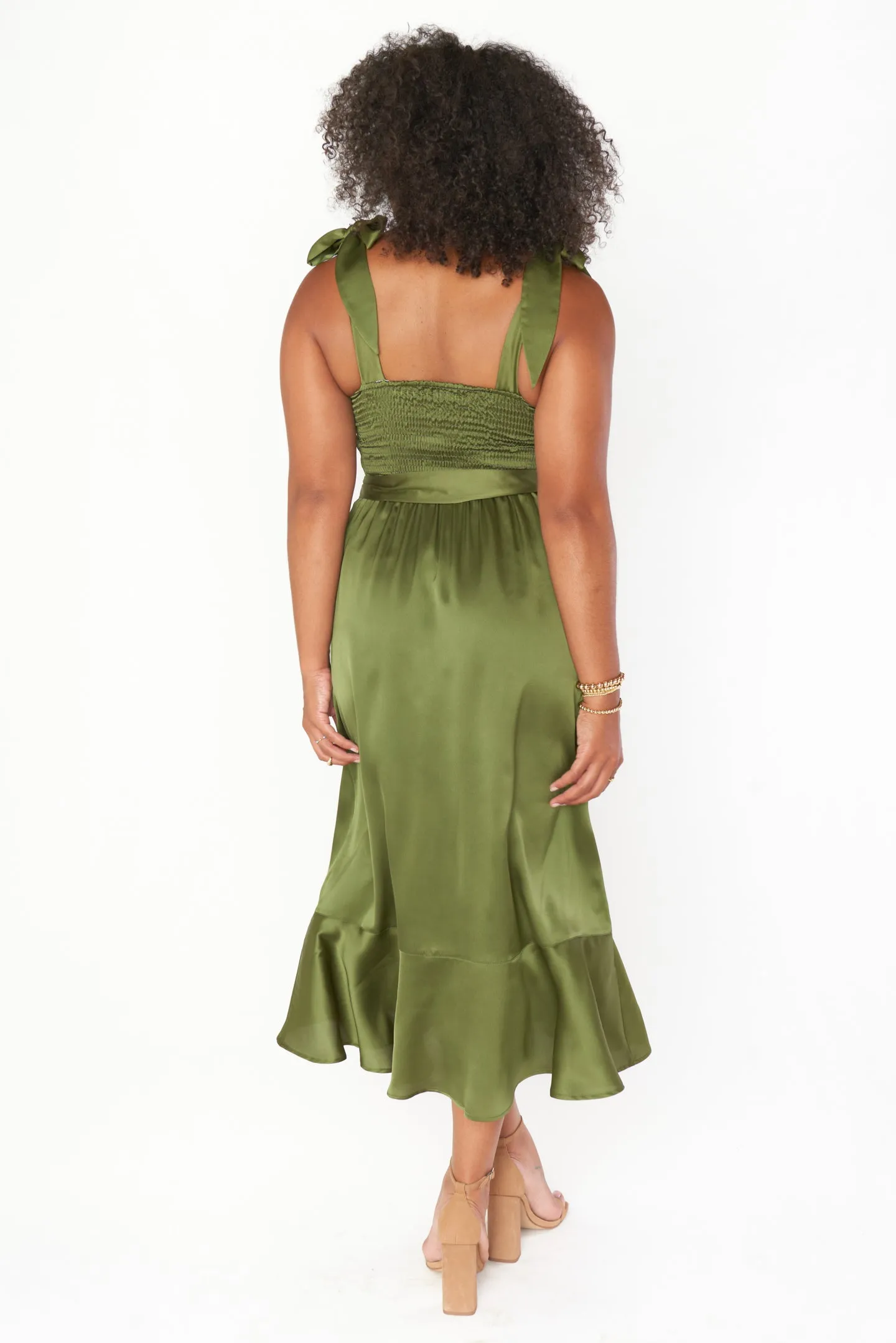 Claire Midi Dress ~ Rich Olive Luxe Satin