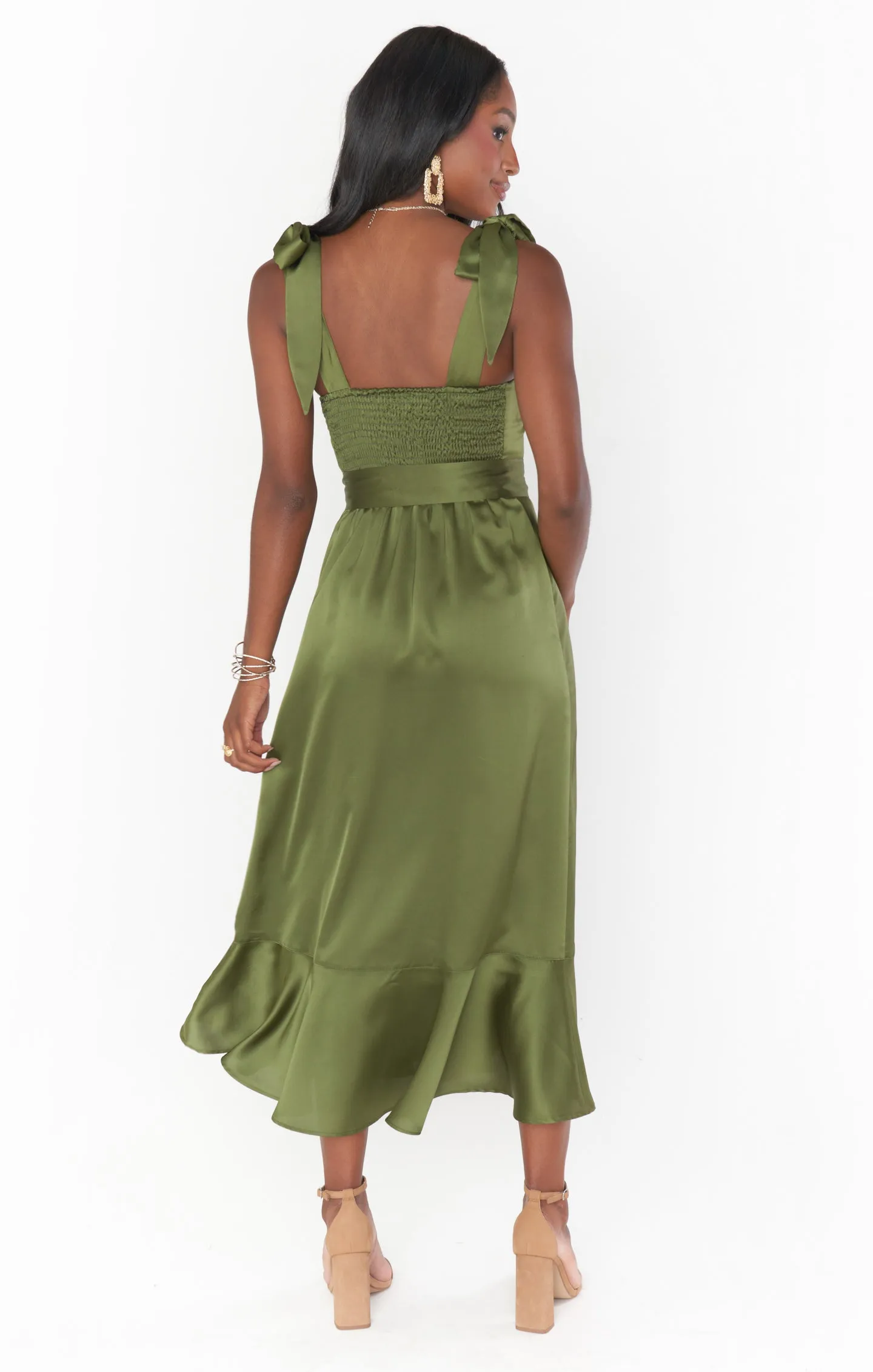 Claire Midi Dress ~ Rich Olive Luxe Satin