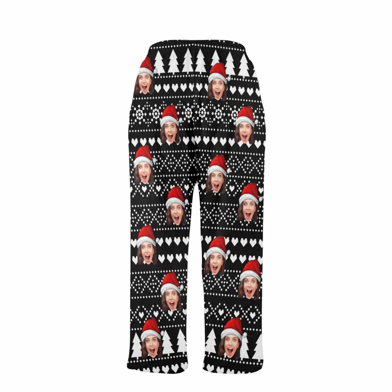 Coral Fleece Pajama Trousers-Custom Face Black Christmas Background Red Hat Warm and Comfortable Sleepwear Long Pajama Pants For Men Women