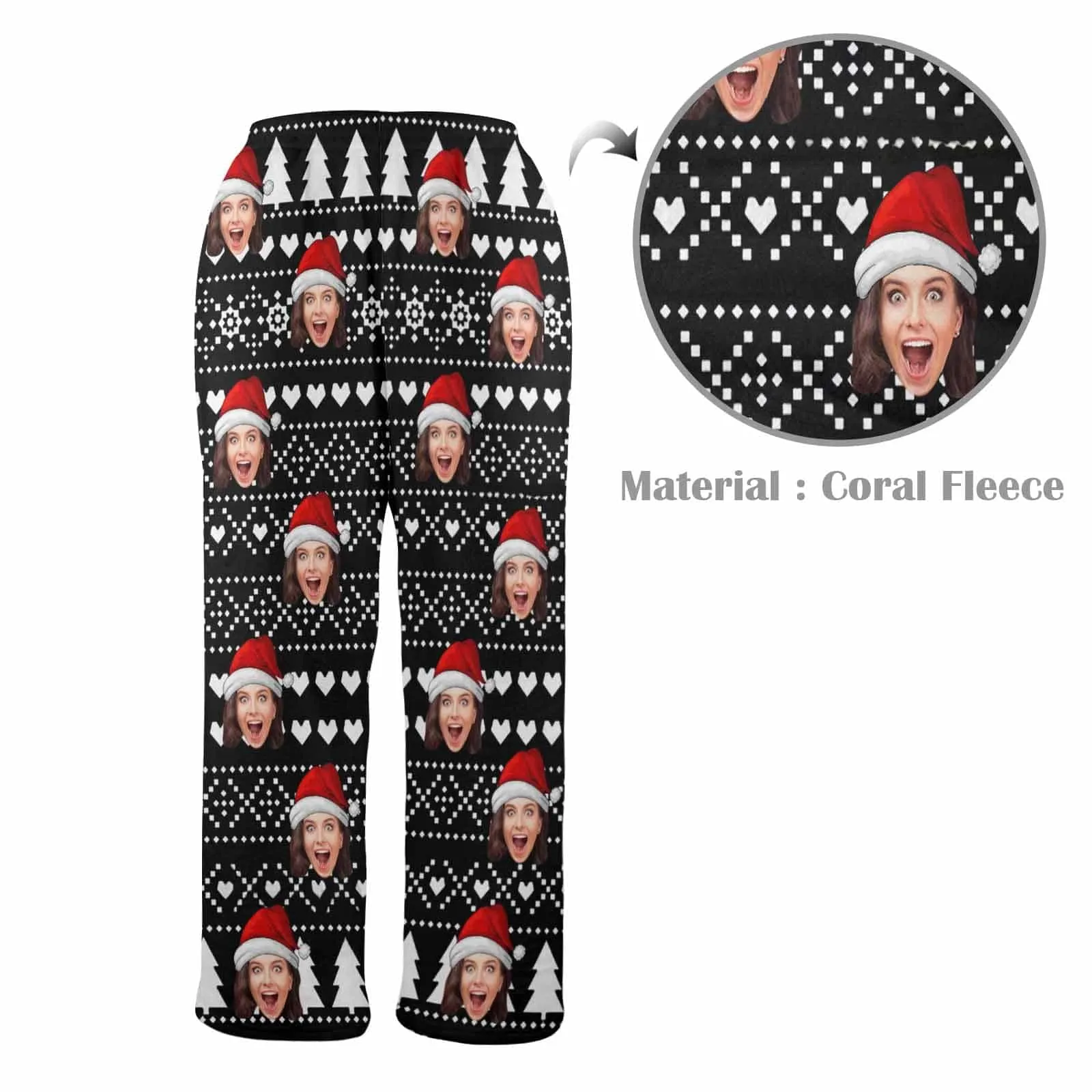 Coral Fleece Pajama Trousers-Custom Face Black Christmas Background Red Hat Warm and Comfortable Sleepwear Long Pajama Pants For Men Women