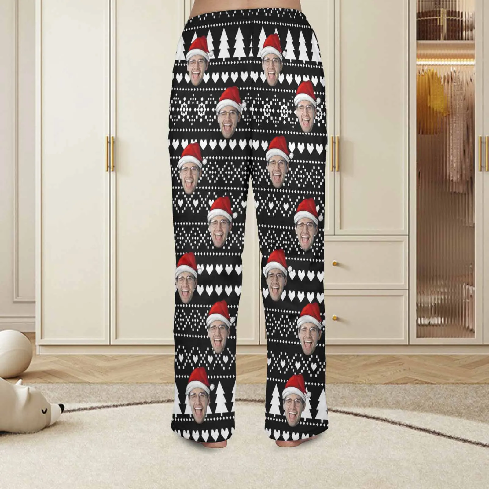 Coral Fleece Pajama Trousers-Custom Face Black Christmas Background Red Hat Warm and Comfortable Sleepwear Long Pajama Pants For Men Women