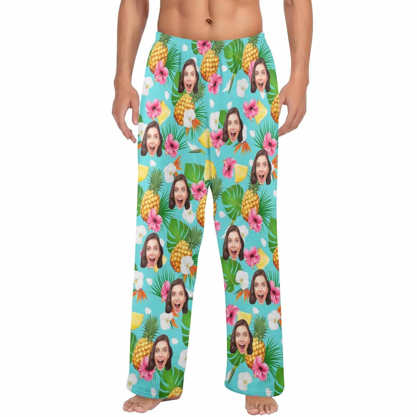 Coral Fleece Pajama Trousers-Custom Face Flowers And Pineapple Print Warm and Comfortable Sleepwear Long Pajama Pants For Men Women