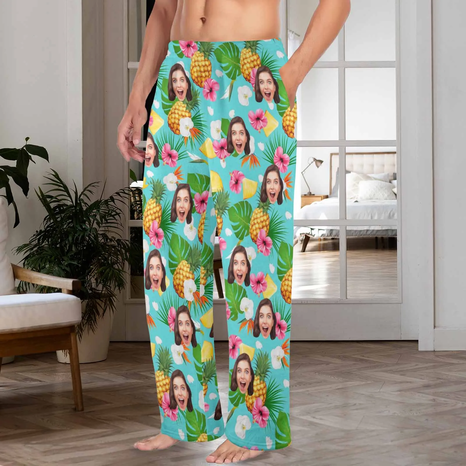 Coral Fleece Pajama Trousers-Custom Face Flowers And Pineapple Print Warm and Comfortable Sleepwear Long Pajama Pants For Men Women