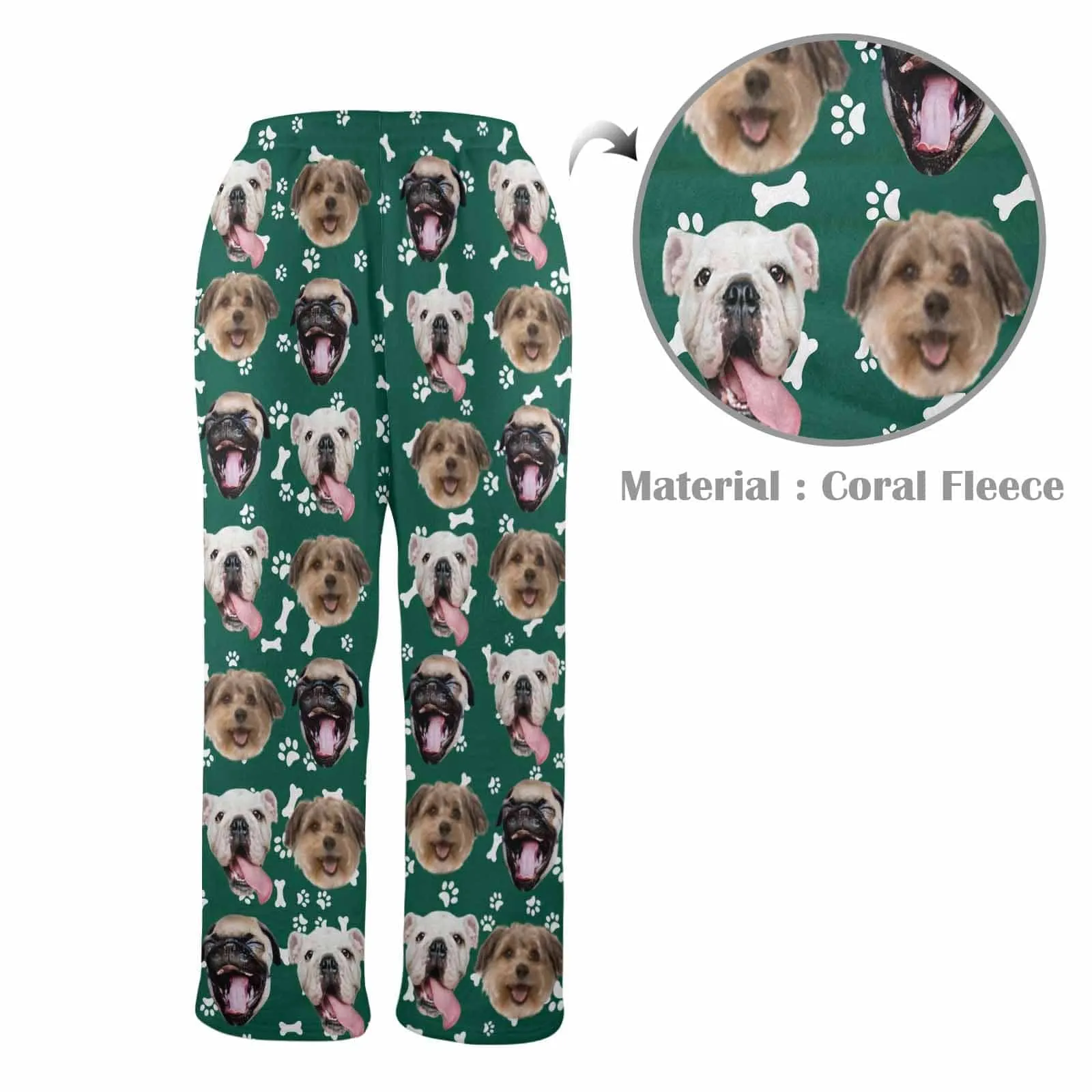 Coral Fleece Pajama Trousers-Custom Pet Face Bone Foot Print Warm and Comfortable Sleepwear Long Pajama Pants For Men Women