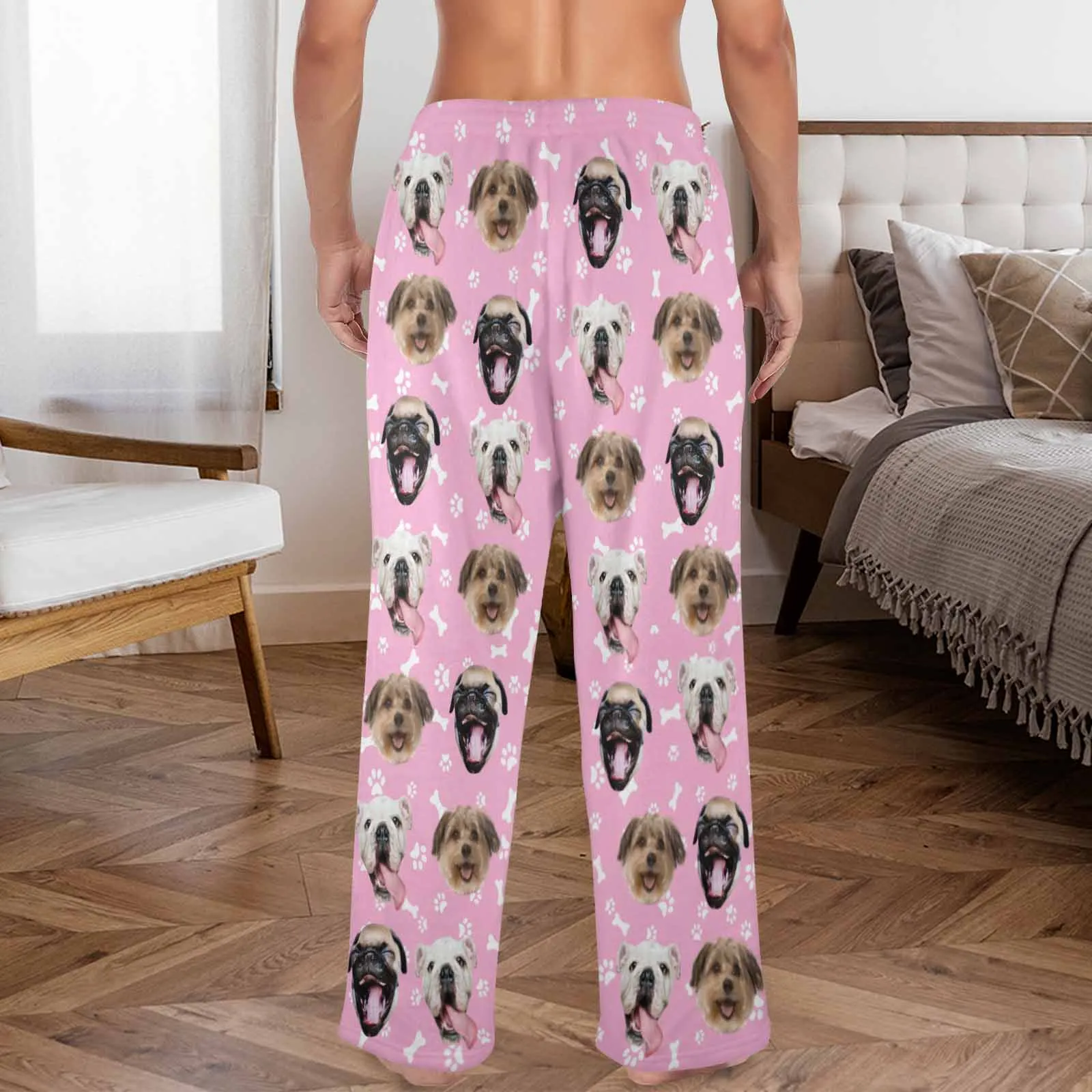 Coral Fleece Pajama Trousers-Custom Pet Face Bone Foot Print Warm and Comfortable Sleepwear Long Pajama Pants For Men Women