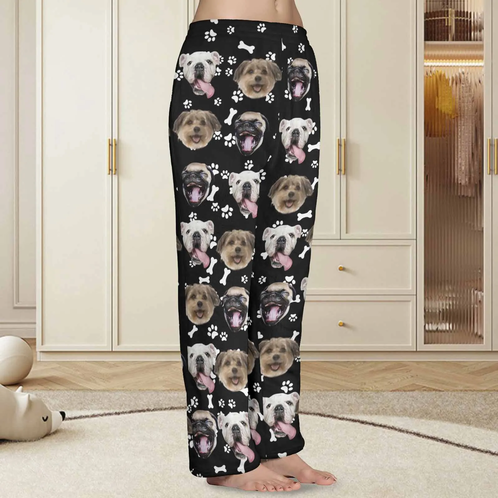 Coral Fleece Pajama Trousers-Custom Pet Face Bone Foot Print Warm and Comfortable Sleepwear Long Pajama Pants For Men Women