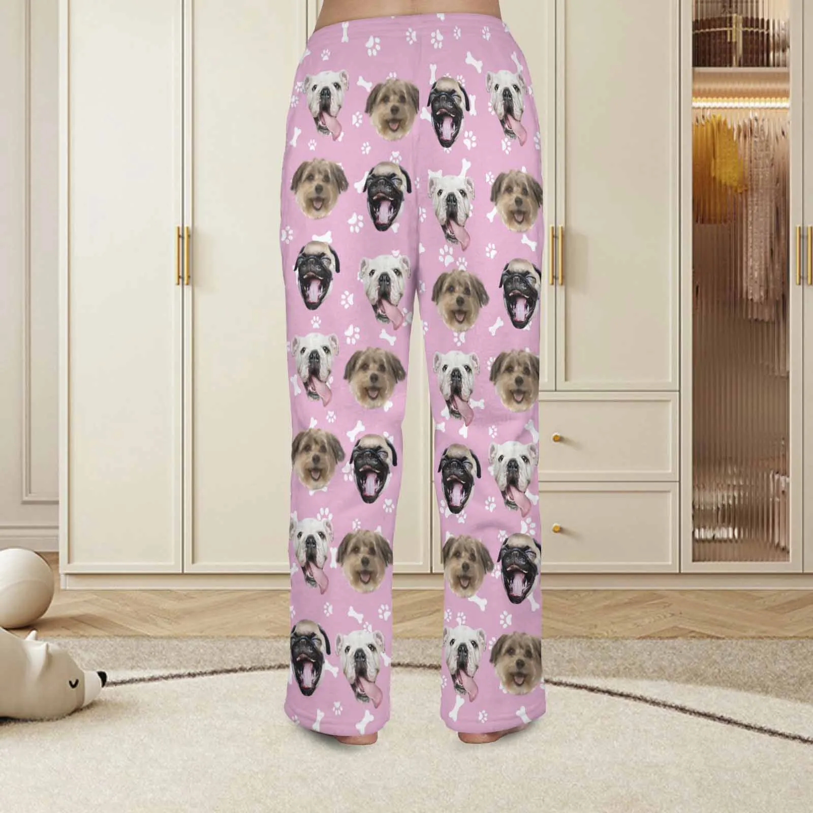 Coral Fleece Pajama Trousers-Custom Pet Face Bone Foot Print Warm and Comfortable Sleepwear Long Pajama Pants For Men Women