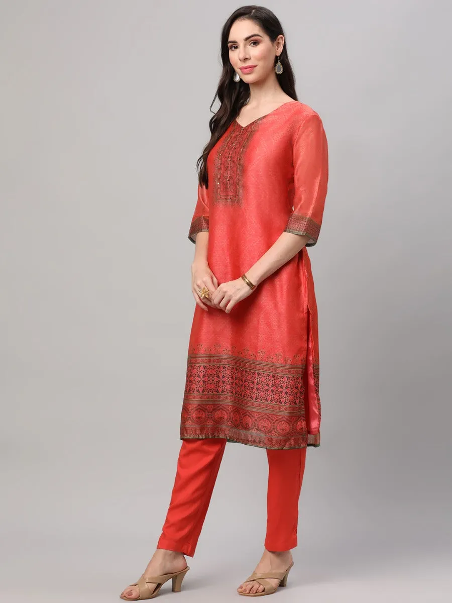 Coral Ornamental Printed Kurta Trouser Dupatta