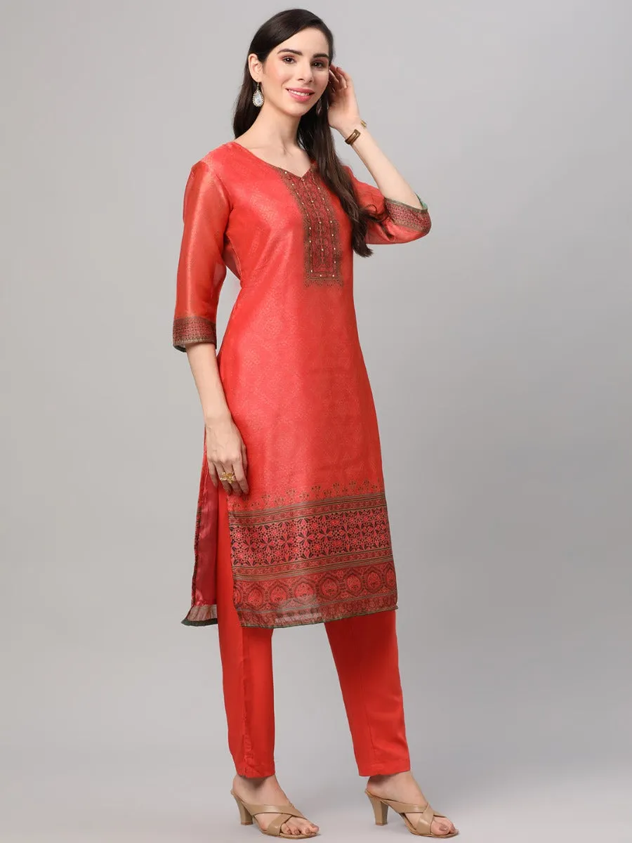 Coral Ornamental Printed Kurta Trouser Dupatta