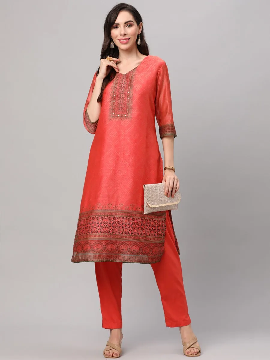 Coral Ornamental Printed Kurta Trouser Dupatta