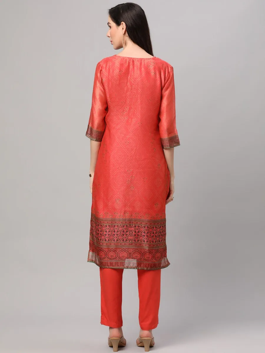 Coral Ornamental Printed Kurta Trouser Dupatta