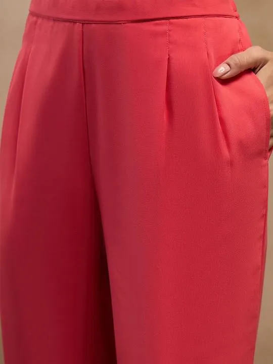 Coral Pink Crop Top With Palazzo Pants and Shrug Set