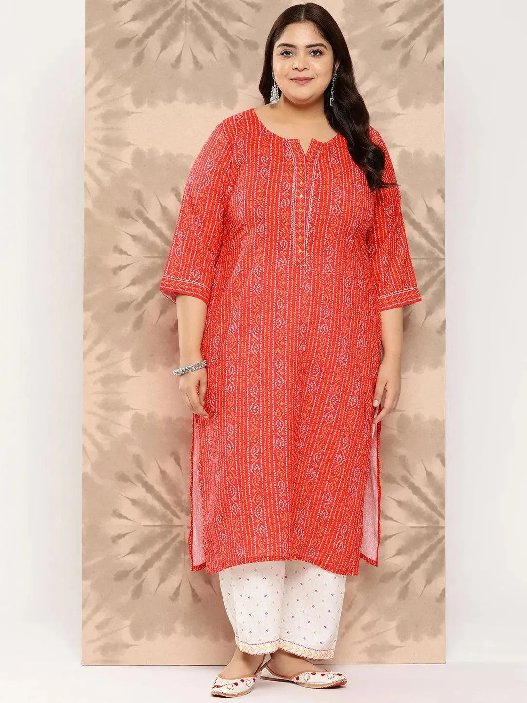 Coral Printed Cotton Blend Straight Kurta With Trousers