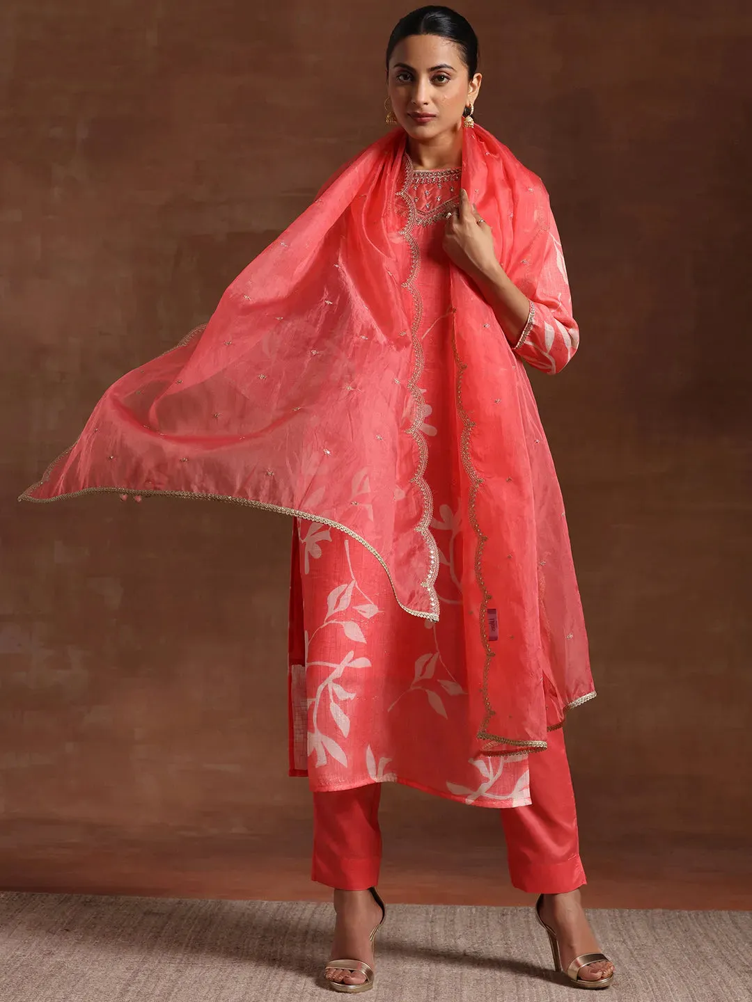 Coral Printed Organza Straight Suit With Dupatta