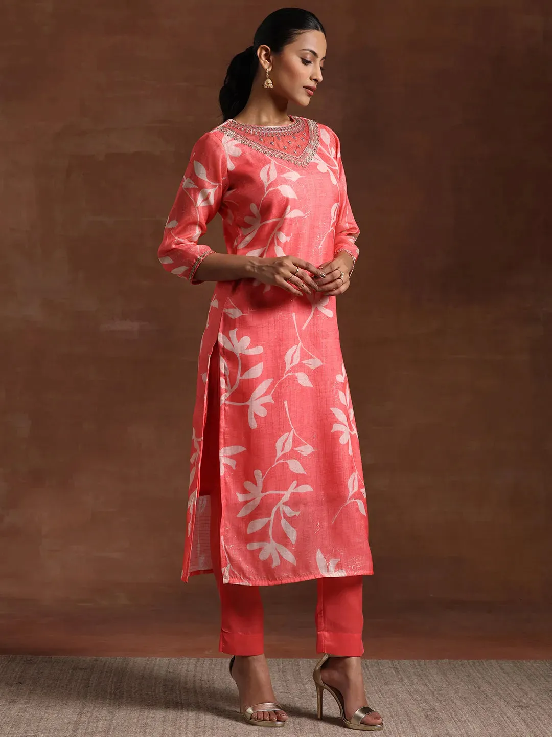 Coral Printed Organza Straight Suit With Dupatta