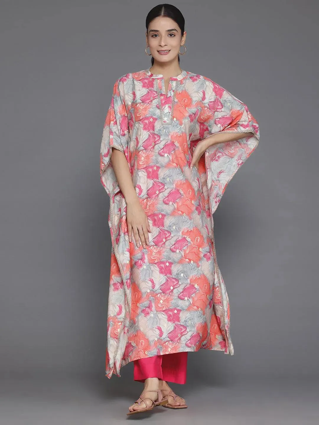 Coral Printed Silk Blend Tunic With Palazzos